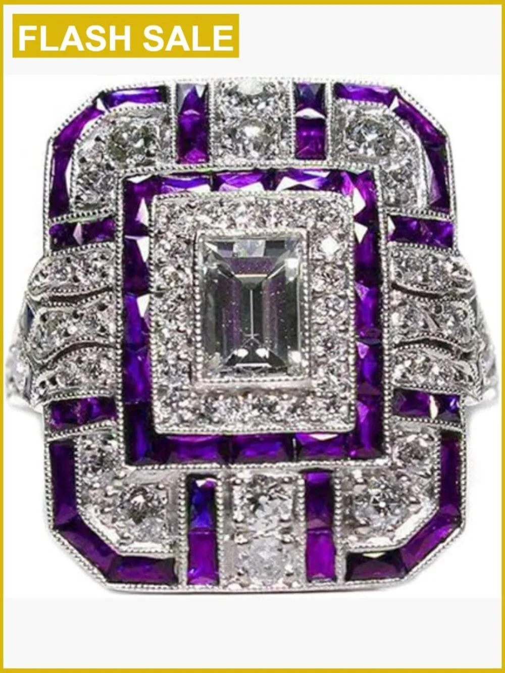 Amethyst Art Deco Ring Silver Wedding Engagement Band Size 6-10